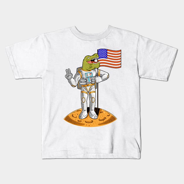 Astronaut T Rex Holding USA Flag Kids T-Shirt by Mako Design 